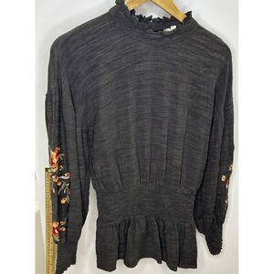 Oddy Floral Embroidered Bubble Sleeve Cinched‎ Waist Blouse Size Small Dark Gray